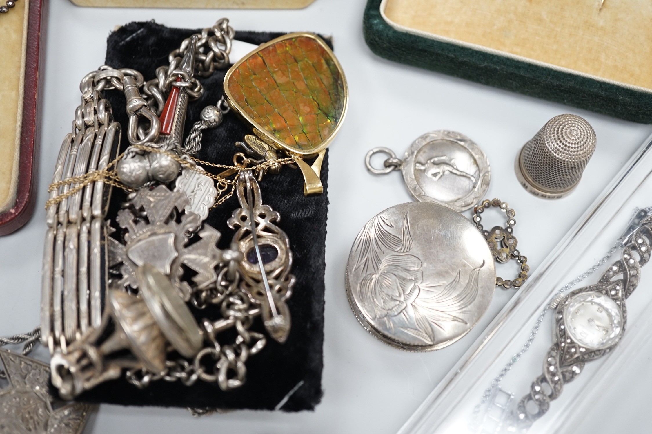 Mixed jewellery, white metal and silver items including Victorian silver twin hearts brooch, 43mm, medallions, bracelet, thimbles, fob on chain, marcasite set cocktail watches, 18k mounted pendant, albert, bug pin, Scott